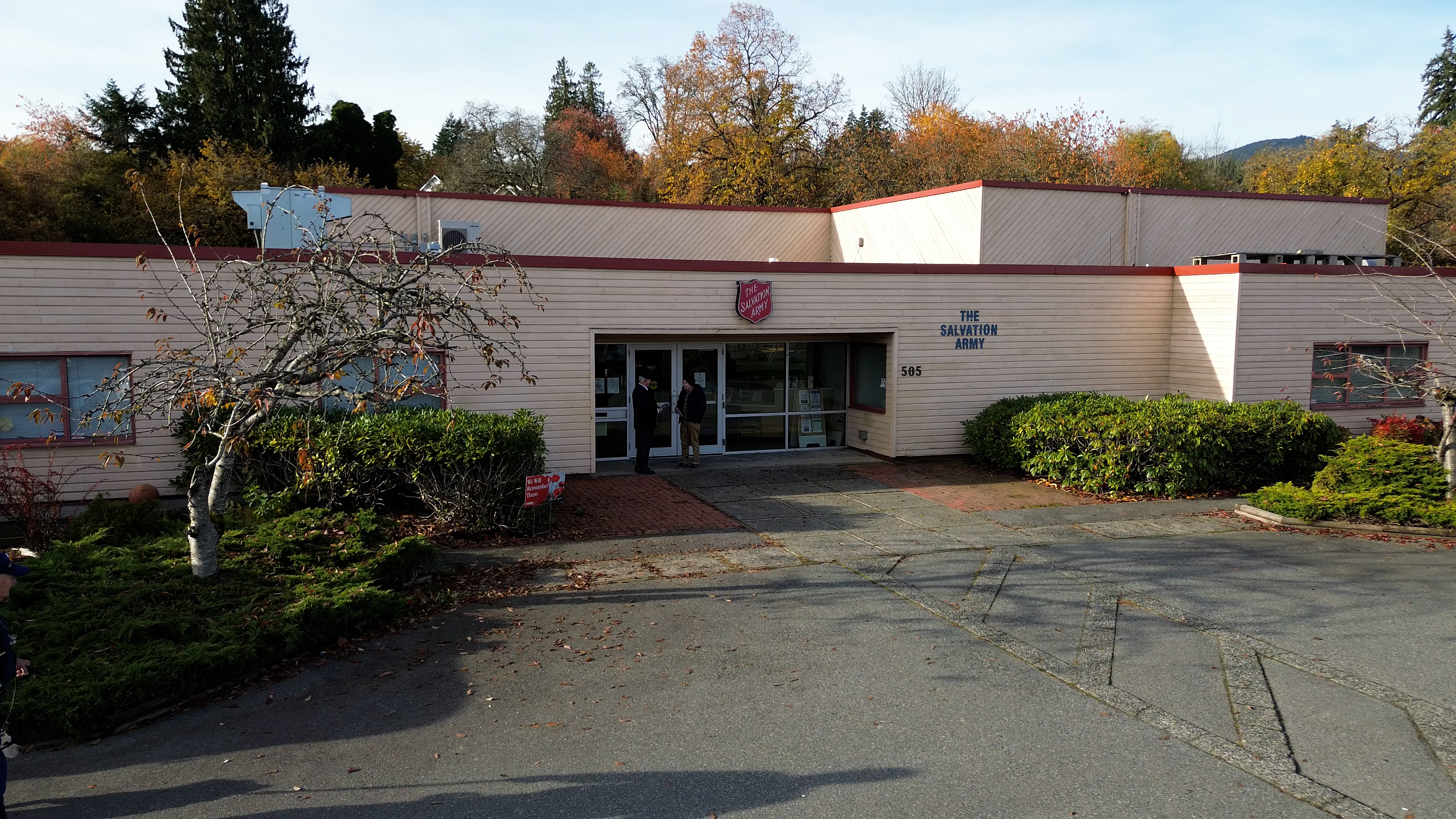 building from aerial front view, and parking lot