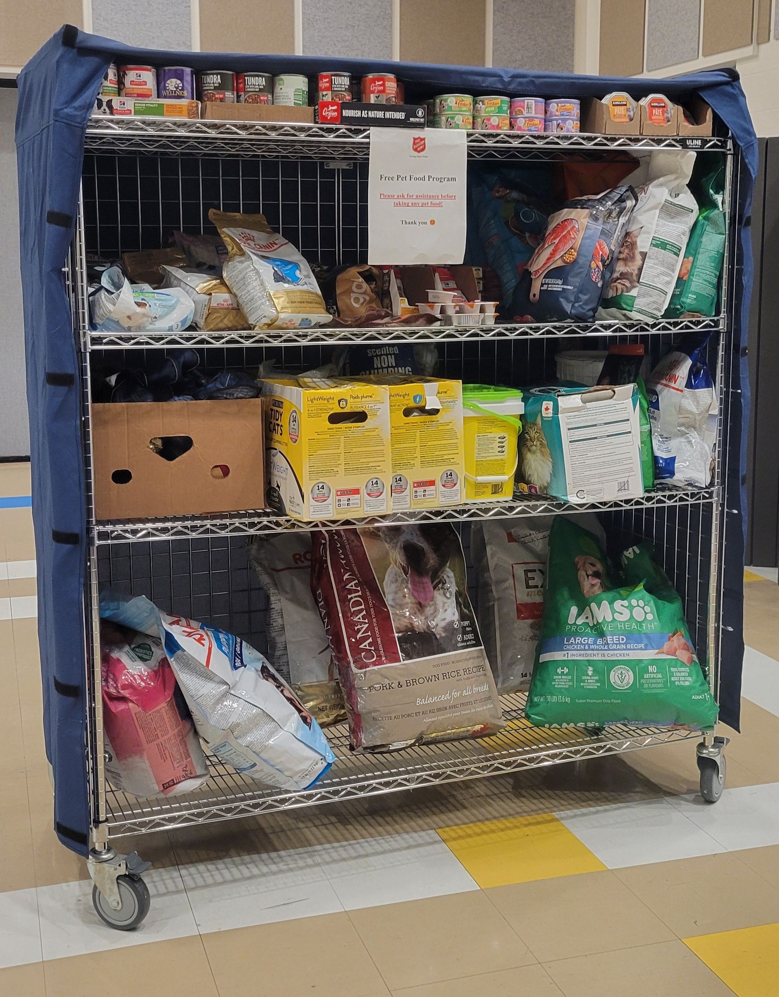 Shelving stocked with donated dog and cat food at the Salvation Army Nanaimo Community Church office.